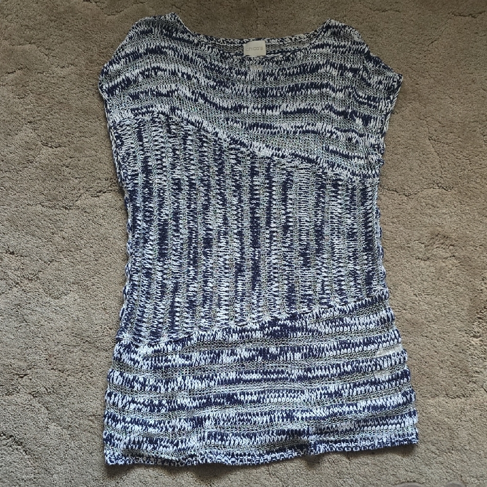 Chico's Navy and White Textured Sweater w/Silver Net
